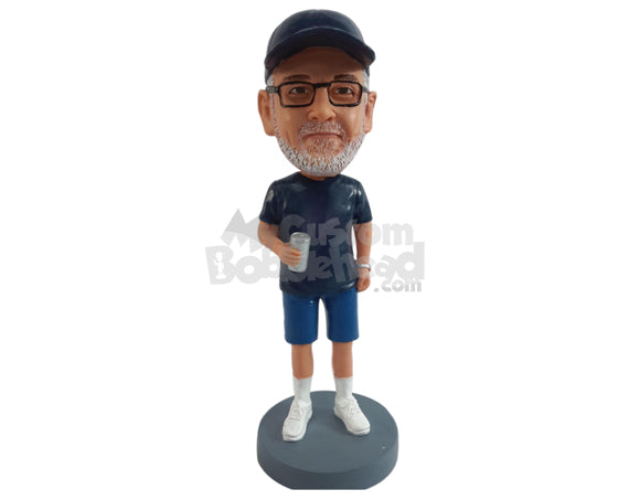 Sports male fan drinking a beer, wearing shirt, shorts, and tennis shoes Personalized Bobblehead Sports male fan drinking a beer, wearing shirt, shorts, and tennis shoes Personalized Bobblehead